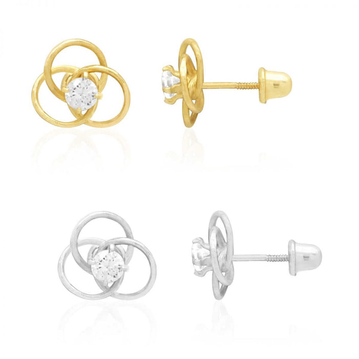 14K Yellow Gold White Triple Ring CZ Screw Back Stud Earrings