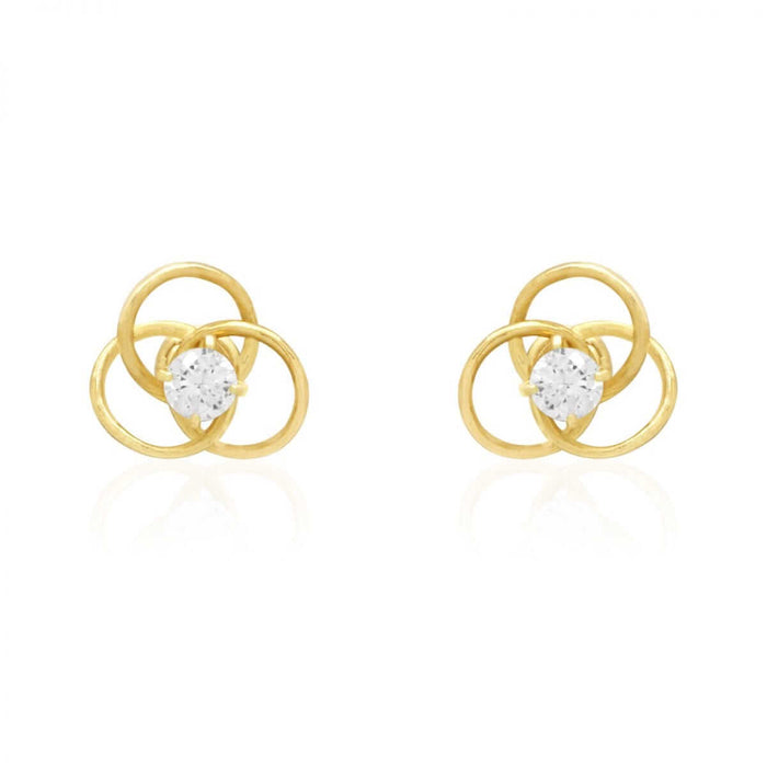 14K Yellow Gold White Triple Ring CZ Screw Back Stud Earrings