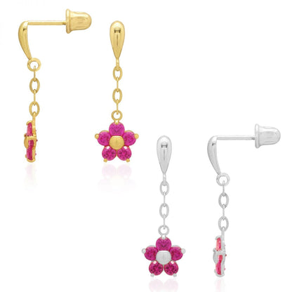 Real 14k Gold Yellow White Simulated Birthstone Flower Screwback Earrings