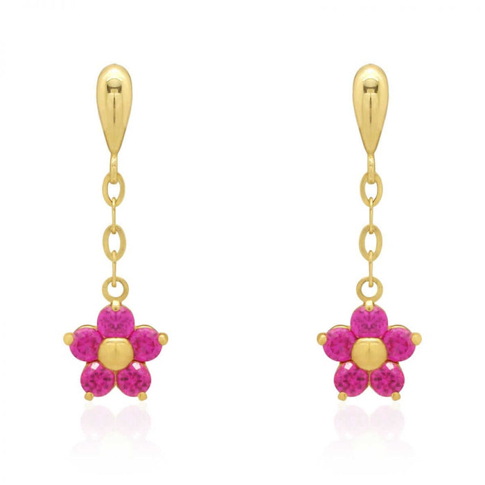 Real 14K Yellow Gold White Birthstone Flower Screw Back Earrings