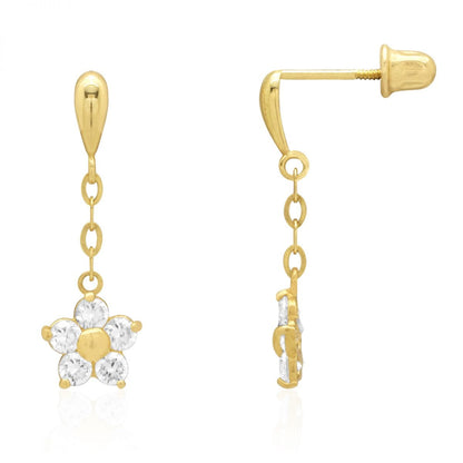 Real 14k Gold Yellow White Simulated Birthstone Flower Screwback Earrings