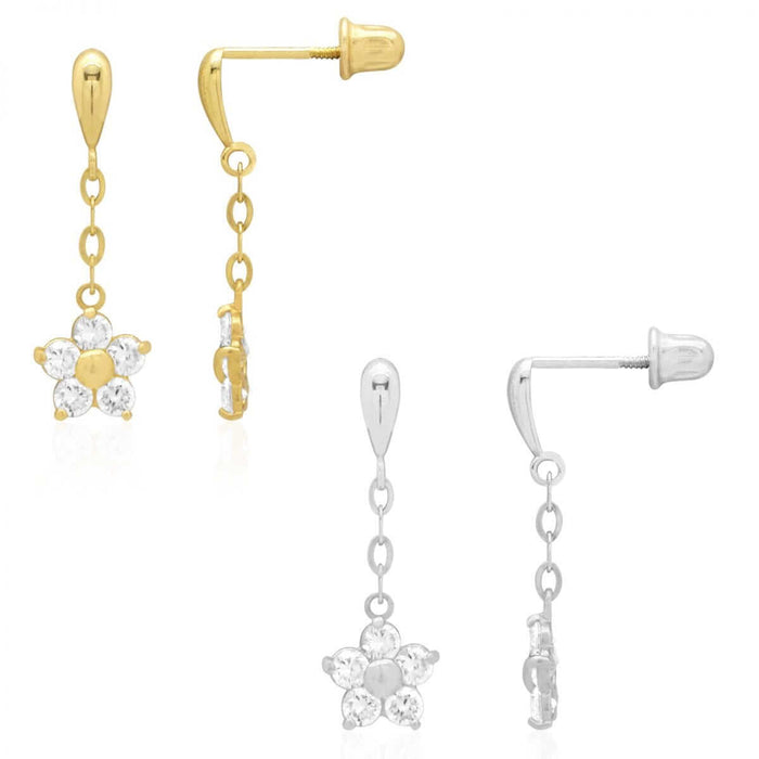 Real 14K Yellow Gold White Birthstone Flower Screw Back Earrings