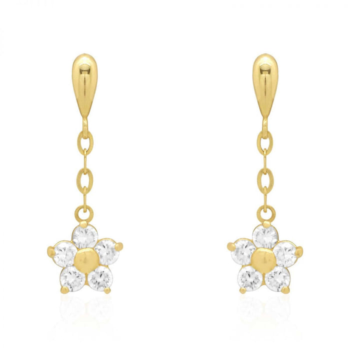 Real 14K Yellow Gold White Birthstone Flower Screw Back Earrings