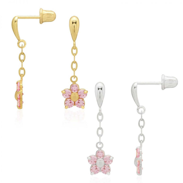Real 14K Yellow Gold White Birthstone Flower Screw Back Earrings