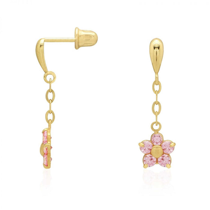 Real 14K Yellow Gold White Birthstone Flower Screw Back Earrings