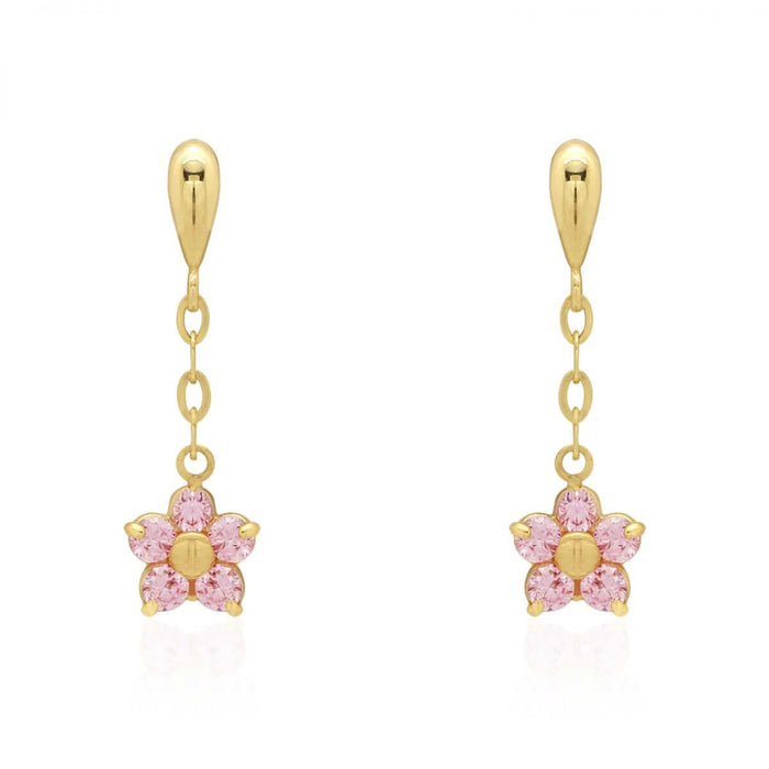 Real 14K Yellow Gold White Birthstone Flower Screw Back Earrings