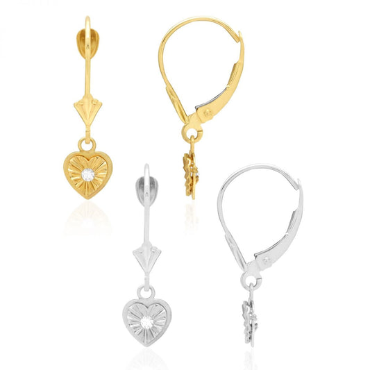 14k White & Yellow Gold Round Cut Zircon Heart  Drop Leverback Earrings