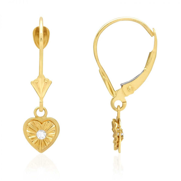 14k White & Yellow Gold Round-Cut Zircon Heart Drop Leverback Earrings