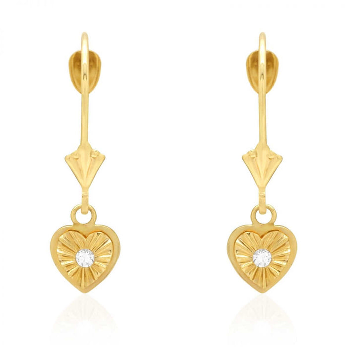 14k White & Yellow Gold Round-Cut Zircon Heart Drop Leverback Earrings