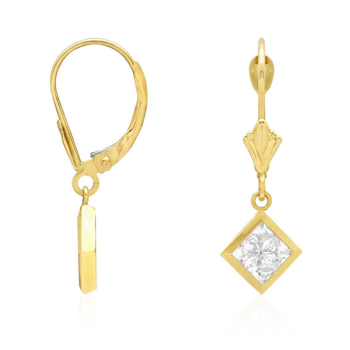 14k Yellow White Gold Square Bezel CZ Leverback Earrings