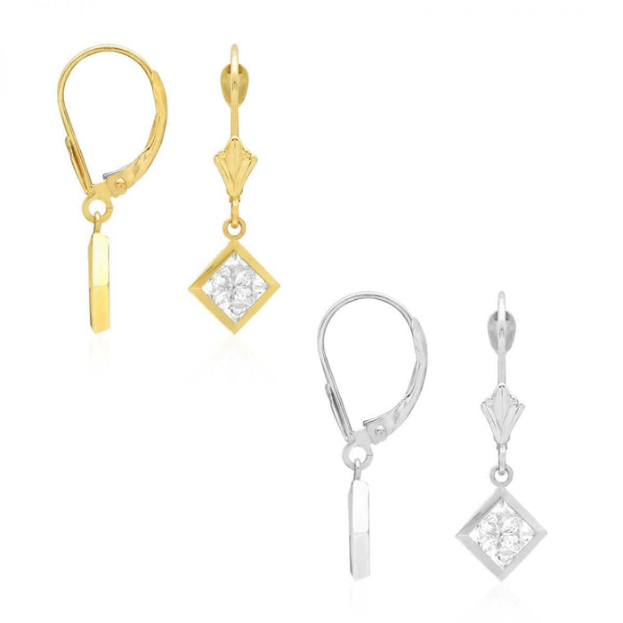 14k Yellow White Gold Square Bezel CZ Leverback Earrings