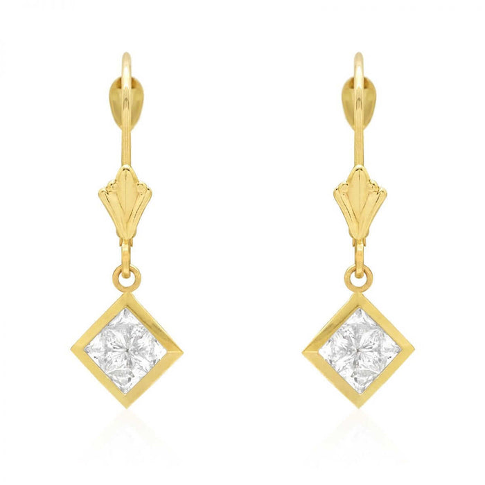 14k Yellow White Gold Square Bezel CZ Leverback Earrings
