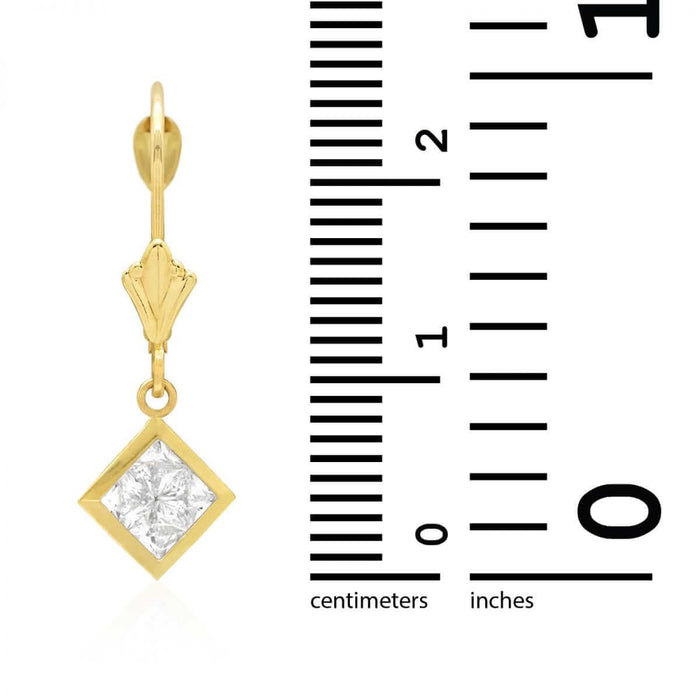 14k Yellow White Gold Square Bezel CZ Leverback Earrings