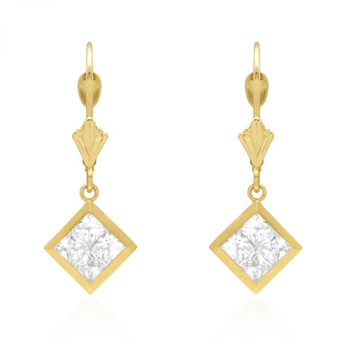 14k Yellow White Gold Square Bezel CZ Leverback Earrings