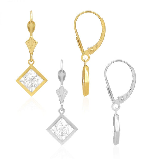 14k Yellow White Gold Square Bezel CZ Leverback  Earrings