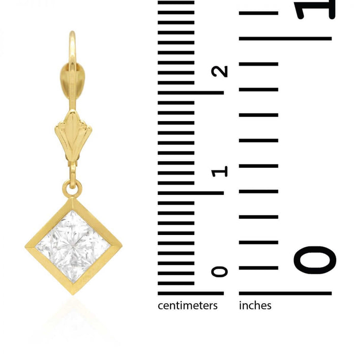 14k Yellow White Gold Square Bezel CZ Leverback Earrings