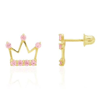 Kids 14K Real Gold Ruby Pink Tourmaline Zircon Crown Stud Screwback Earrings