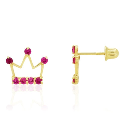Kids 14K Real Gold Ruby Pink Tourmaline Zircon Crown Stud Screwback Earrings