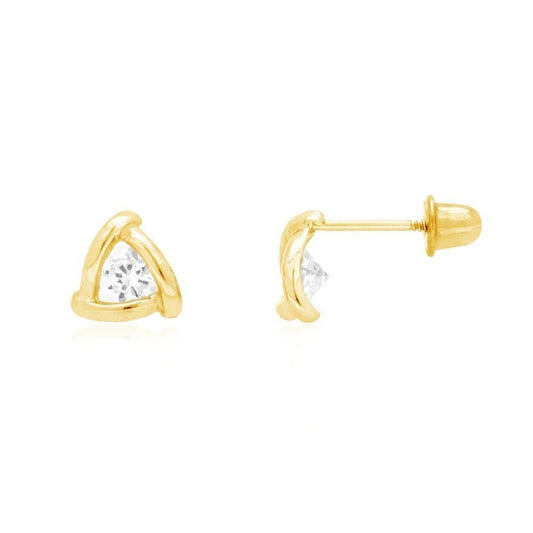 Round Cut Zircon Triangle Screwback Stud Earrings 14k Yellow & White Gold