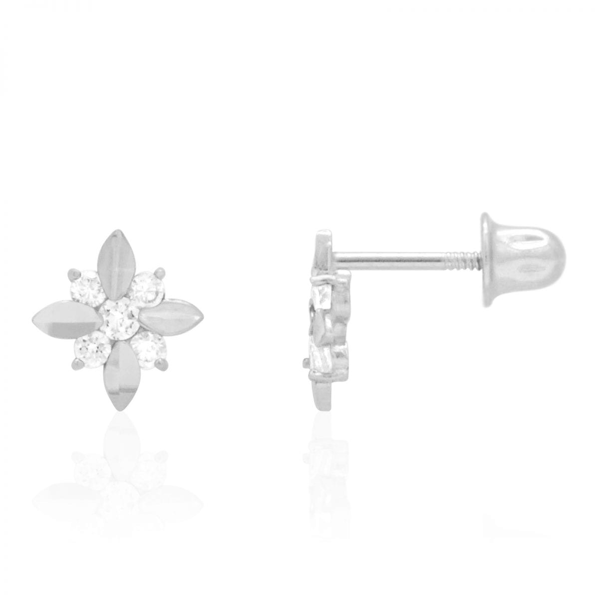 Diamond Cut Round Zircon Flower Screwback Stud Earrings 14k Yellow & White Gold