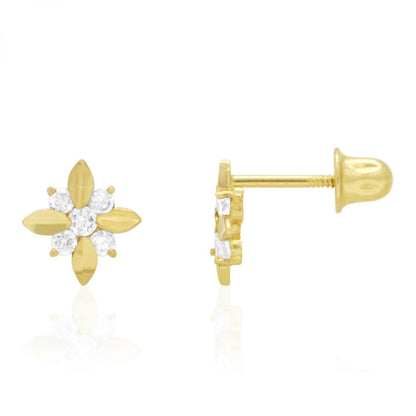 Diamond Cut Round Zircon Flower Screwback Stud Earrings 14k Yellow & White Gold