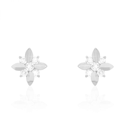 Diamond Cut Round Zircon Flower Screwback Stud Earrings 14k Yellow & White Gold
