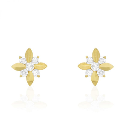 Diamond Cut Round Zircon Flower Screwback Stud Earrings 14k Yellow & White Gold