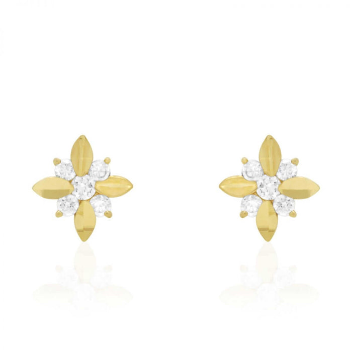 Diamond-Cut Round Zircon Flower Screw Back Stud Earrings 14k Yellow & White Gold