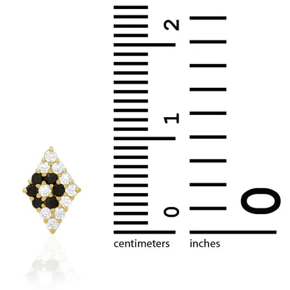 Rhomb Shaped Onyx White Zircon Encrusted Screwback Stud Earrings 14k Yellow Gold