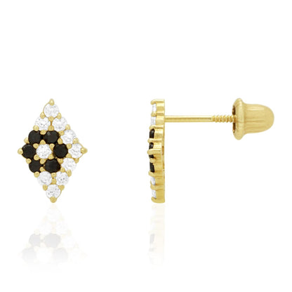 Rhomb Shaped Onyx White Zircon Encrusted Screwback Stud Earrings 14k Yellow Gold
