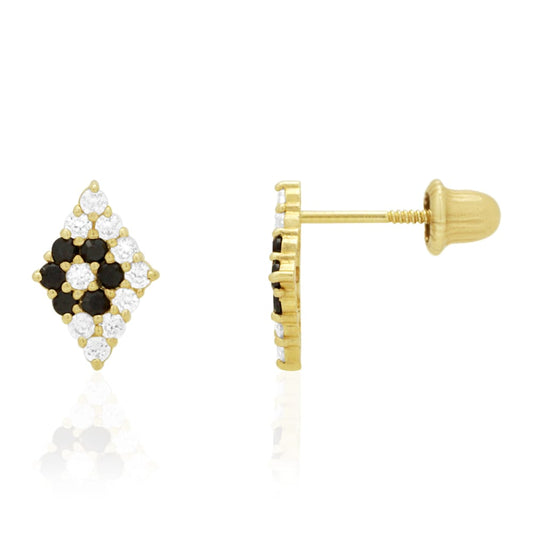 Rhomb Shaped Onyx White Zircon Encrusted Screwback Stud Earrings 14k Yellow Gold