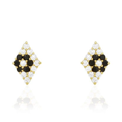 Rhomb Shaped Onyx White Zircon Encrusted Screwback Stud Earrings 14k Yellow Gold
