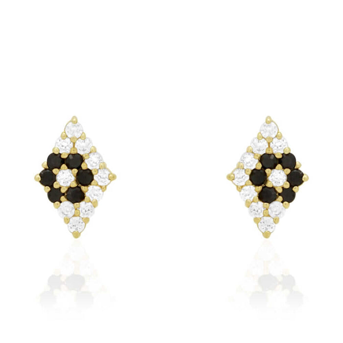 Rhomb Shaped Onyx White Zircon Encrusted Screw Back Stud Earrings 14k Yellow Gold
