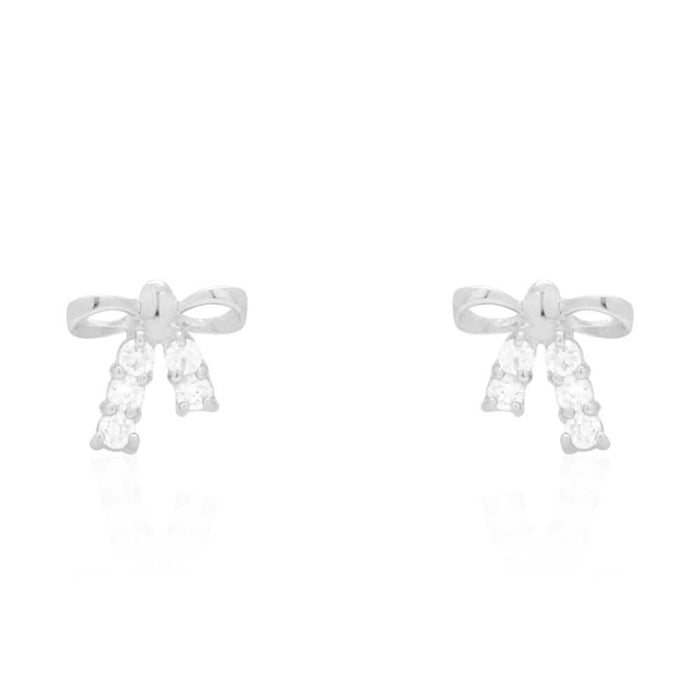 Round White Zircon Bow Tie Screw Back Stud Kid Earrings 14k Yellow & White Gold