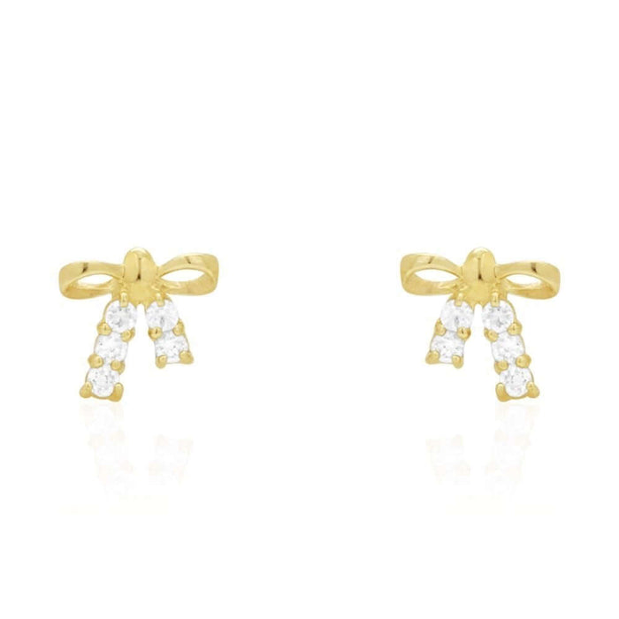 Round White Zircon Bow Tie Screw Back Stud Kid Earrings 14k Yellow & White Gold