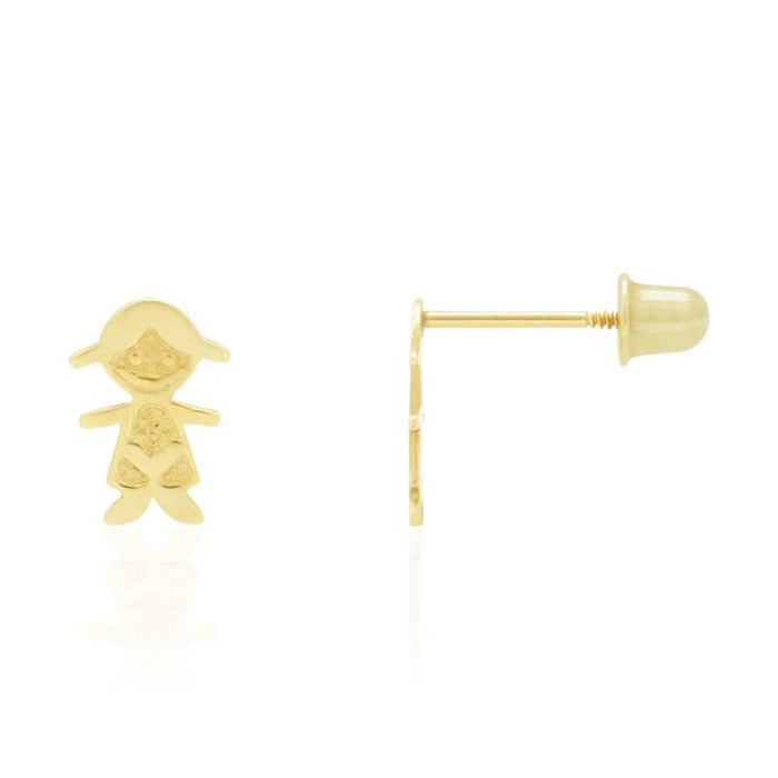 14k Yellow Gold Little Smiling Girl Textured Baby Screw Back Stud Kid Earrings