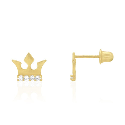 14K Real Gold Round-Cut CZ Crown Screwback Stud Earrings