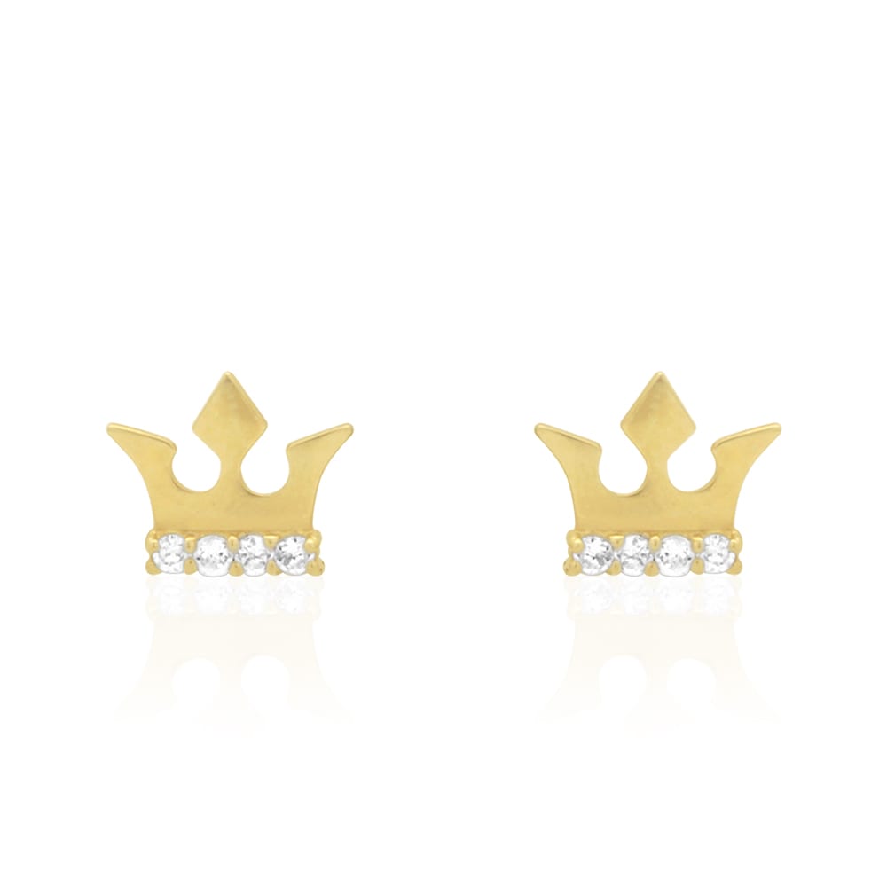 14K Real Gold Round-Cut CZ Crown Screwback Stud Earrings