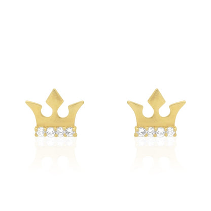 14K Real Gold Round-Cut CZ Crown Screwback Stud Earrings