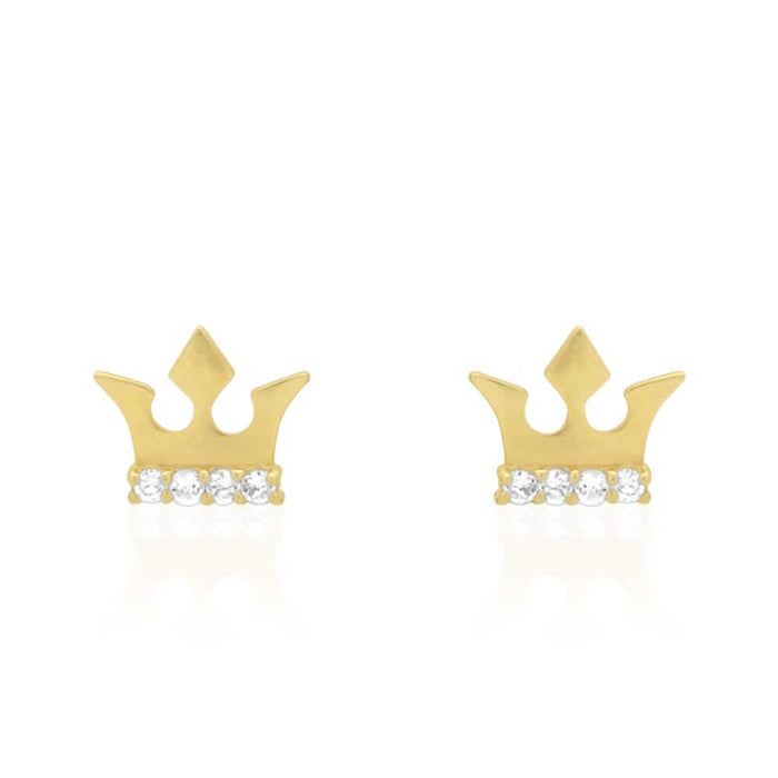 14K Gold Round-Cut CZ Crown Screw Back Stud Earrings