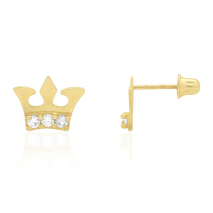 14K Real Gold Round-Cut CZ Crown Screwback Stud Earrings