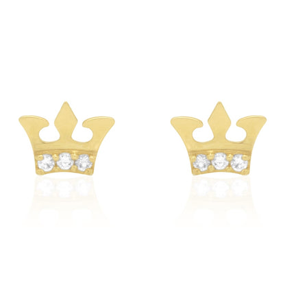 14K Real Gold Round-Cut CZ Crown Screwback Stud Earrings
