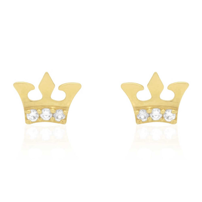 14K Gold Round-Cut CZ Crown Screw Back Stud Earrings