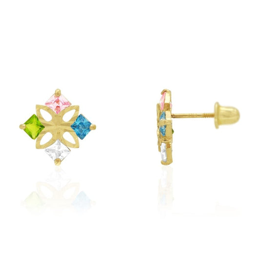 Princess Cut Multicolor Gemstone Square Screwback Stud Earrings 14k Yellow Gold