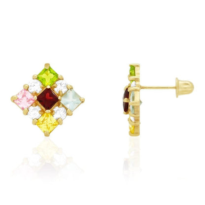 Multicolor Princess Cut Gemstone Square Screwback Stud Earrings 14k Yellow Gold