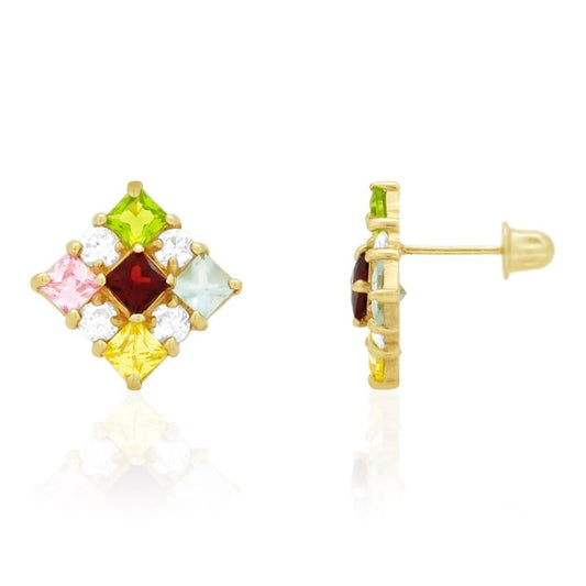 Multicolor Princess Cut Gemstone Square Screwback Stud Earrings 14k Yellow Gold