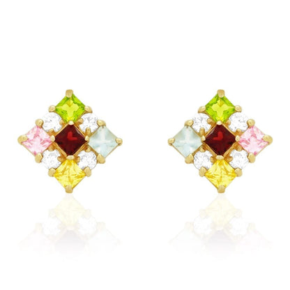Multicolor Princess Cut Gemstone Square Screwback Stud Earrings 14k Yellow Gold