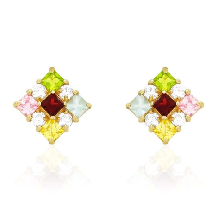 Multicolor Princess-Cut Gemstone Square Screw Back Stud Earrings 14k Yellow Gold