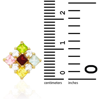 Multicolor Princess Cut Gemstone Square Screwback Stud Earrings 14k Yellow Gold