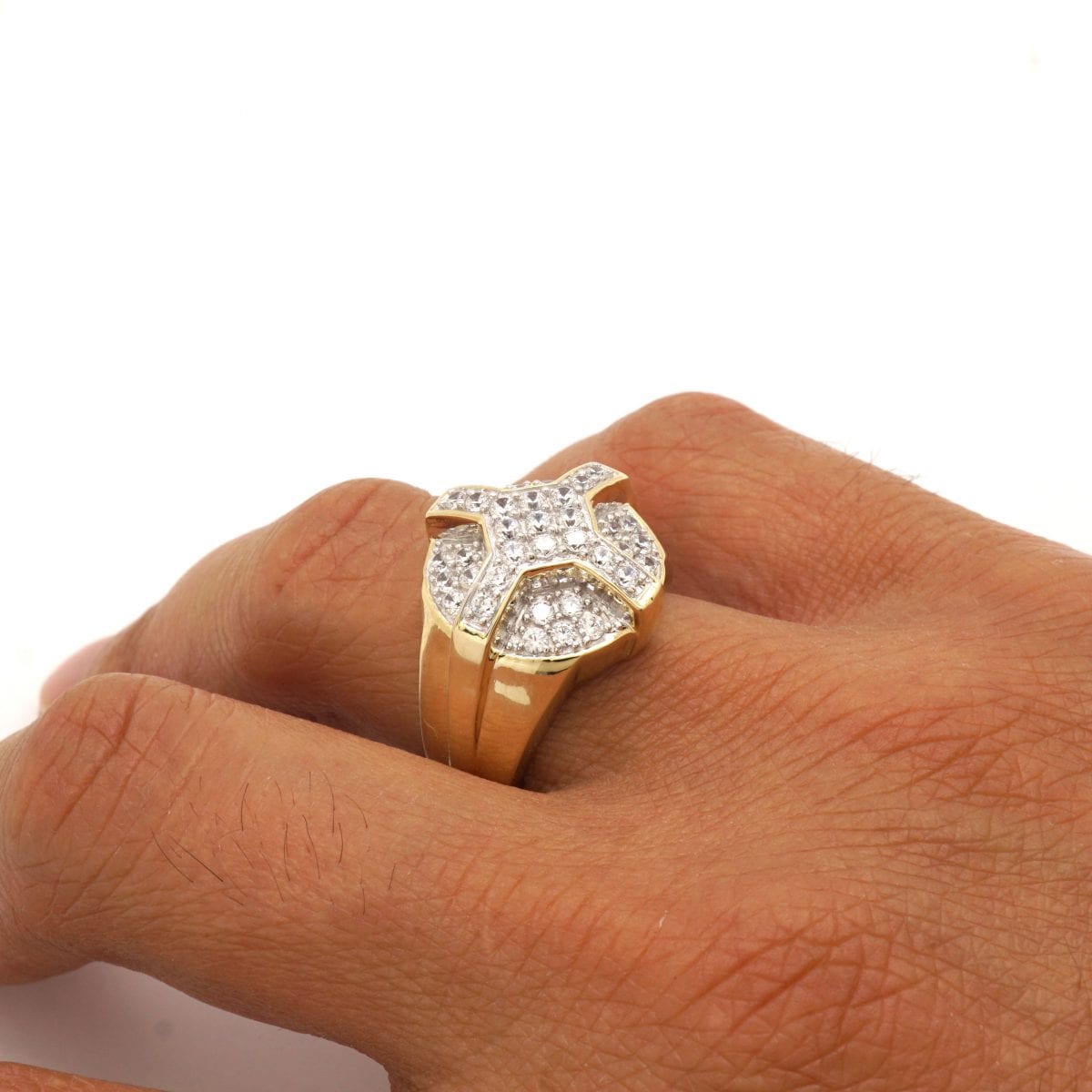 CZ Pave Set 10k Yellow & White Gold Cross Men's Signet Ring